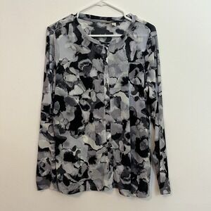 Logo Lori Goldstein Top L Sheer Button Up Black White Gray Stretchy Layering Top